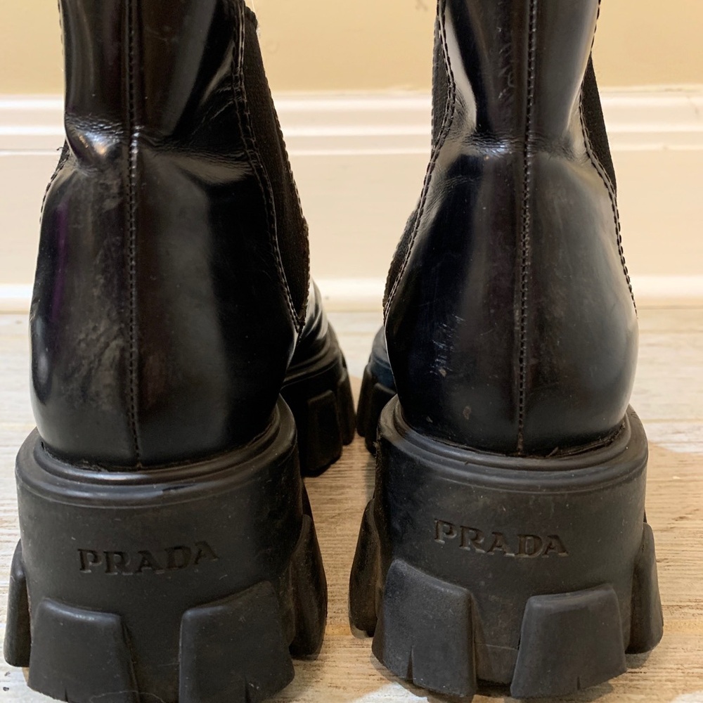 Prada Monolith Platform Black Brushed Leather Chelsea Boots Sz EU 35.5 (US 5)